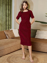 Pencil Fit Printed Midi Dress In Burgundy Corduroy