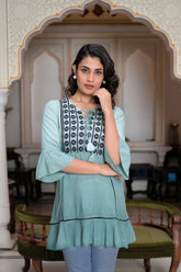 Sage Green Rayon Ombre A-Line Tunic With Embroidered Yoke-3129SAGEGREEN