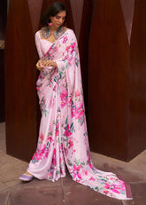 Women's Latest Bollywood Floral Printed Satin Saree With Unstiched Blouse-AVN-8090-PINK-1