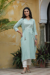 Women's Mint blue Rayon Slub Solid Embroidered Stright Kurta