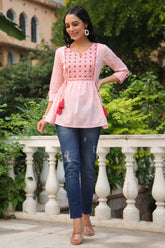 Women's Peach Cotton Dobby Solid Embroidered Straight Tunic-3519PEACH-S