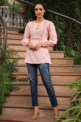 Women's Peach Cotton Dobby Solid Embroidered Straight Tunic-3520PEACH-S