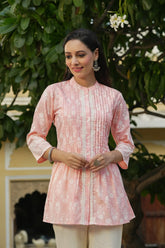 Women's Peach Cambric Placement Floral Printed Tunic-3521PEACH-S