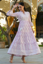 Women's Lavender Cambric Floral Printed Maxi Tiered Dress