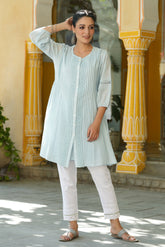 Women's Sky blue Cotton Silk Solid A-Line Kurta