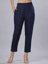 Women's Navy Rayon Solid Stright Slim Pant