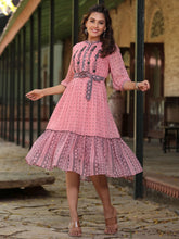 Women's Pink Georgette Printed Flared Dress