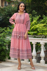 Women's Pink Printed Teired Dress