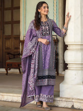 Womens lavender cambric geometric printed mix and match kurta palazzo and dupatta set