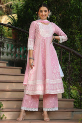 Women's Pink Cambric Nazneen Chiffon Dupatta Printed Flared Kurta Sets