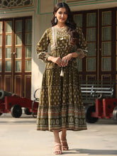 Women Olive Cotton Cambric Printed Tiered Maxi Dress.