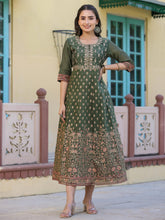 Olive Green Ethnic Motif Printed Chanderi Dress With Sequins & Zari Work