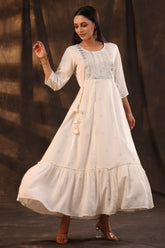 Women's Ivory Rayon Staple Printed Embroidered Flared Dress