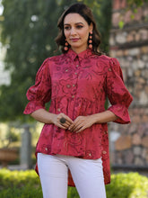 Women Rust Shantoon Floral Printed High & Low Peplum Tunic.