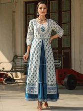 Women White Cotton Cambric Block Look Printed Layered Maxi Dress.