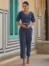 Women Indigo Cotton Flex Striped Printed Clothing Set.