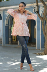 Women's Peach Cambric Placement Floral Printed Tunic-3700PEACH-S