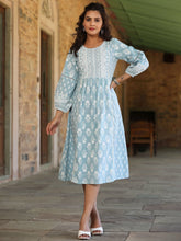 Women's Sky Blue Printed A-Line Dress