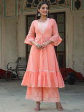 Women's Peach Rayon Solid With Printed Flared Kurta Sets