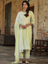Women'S Lime Green Cambric Floral Print Kurta Straight Pant And Duptta Sets