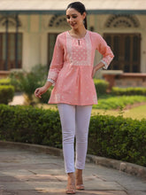 Women'S Peach Cambric Floral Printed Tunic