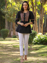 Women'S Black Cotton Solid With Embroidered Straight Tunic