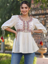 Women's Offwhite Cotton Solid With embroidered Straight Tunic-3725OFFWHITE-S