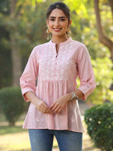 Women'S Pink Cotton Solid With Embroidered Straight Tunic