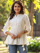 Women's Offwhite Cotton Solid With embroidered Straight Tunic-3728OFFWHITE-S