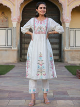 Women White Cotton Slub Embroidered Kurta & Pants Set.