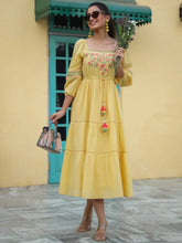 Women'S Yellow Cotton Dobby Embroidered Flared Dress