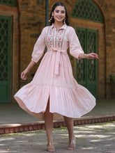 Women Peach Cotton Dobby Embroidered Flared Maxi Dress.