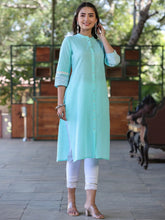Womens Seagreen cotton slub embroidered straight kurta