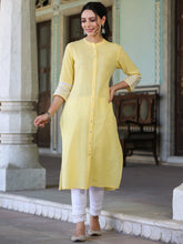 Womens Yellow cotton slub embroidered straight kurta