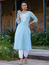 Women'S Blue Sheer Sucker Embroidered Straight Kurta