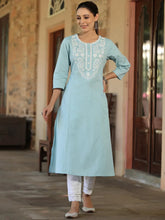 Women'S Blue Cotton Flex Embroidered Straight Kurta
