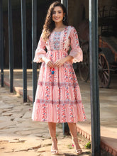 Women Pink Cotton Cambric Floral Printed Tiered Maxi Dress.
