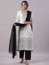Women White Rayon Staple Printed Kurta, Pants & Dupatta Set.