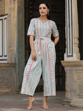 Women Ivory Cotton Flex Jamdani Printed Jumpsuit.