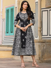 Women Black Cotton Cambric Aari Printed Maxi Dress.
