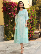 Women's Mintgreen Cambric Printed embroidered Flared Dress