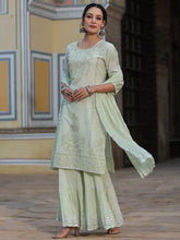Women Pista Green Cotton Cambric Aari Printed Kurta, Pants & Dupatta Set.