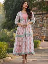Women's Pink Cotton Printed Tiered Dress
