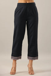 Women Navy Blue Cotton Flex Solid Pant.
