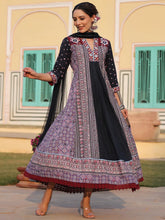 Women Lavender Cotton Cambric Tribal Printed with Embroidered Flared Kurta & Dupatta Set.