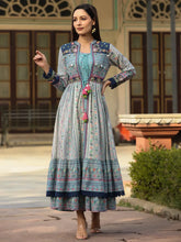 Women Sky-Blue Cotton Cambric Tribal Printed Maxi Dress with Jacket.