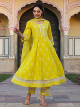 Women Lime Cotton Cambric Batik Texture Printed Anarkali Kurta, Pants and Dupatta Set.