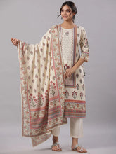 Women'S Beige Cambric Floral Placement Printed Straight Fit Kurta Sets