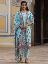 Women'S Skyblue Cambric Floral Placement Printed Straight Fit Kurta Sets