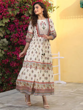 Women Beige Cotton Cambric Hand Block Look Printed Tiered Maxi Dress.
